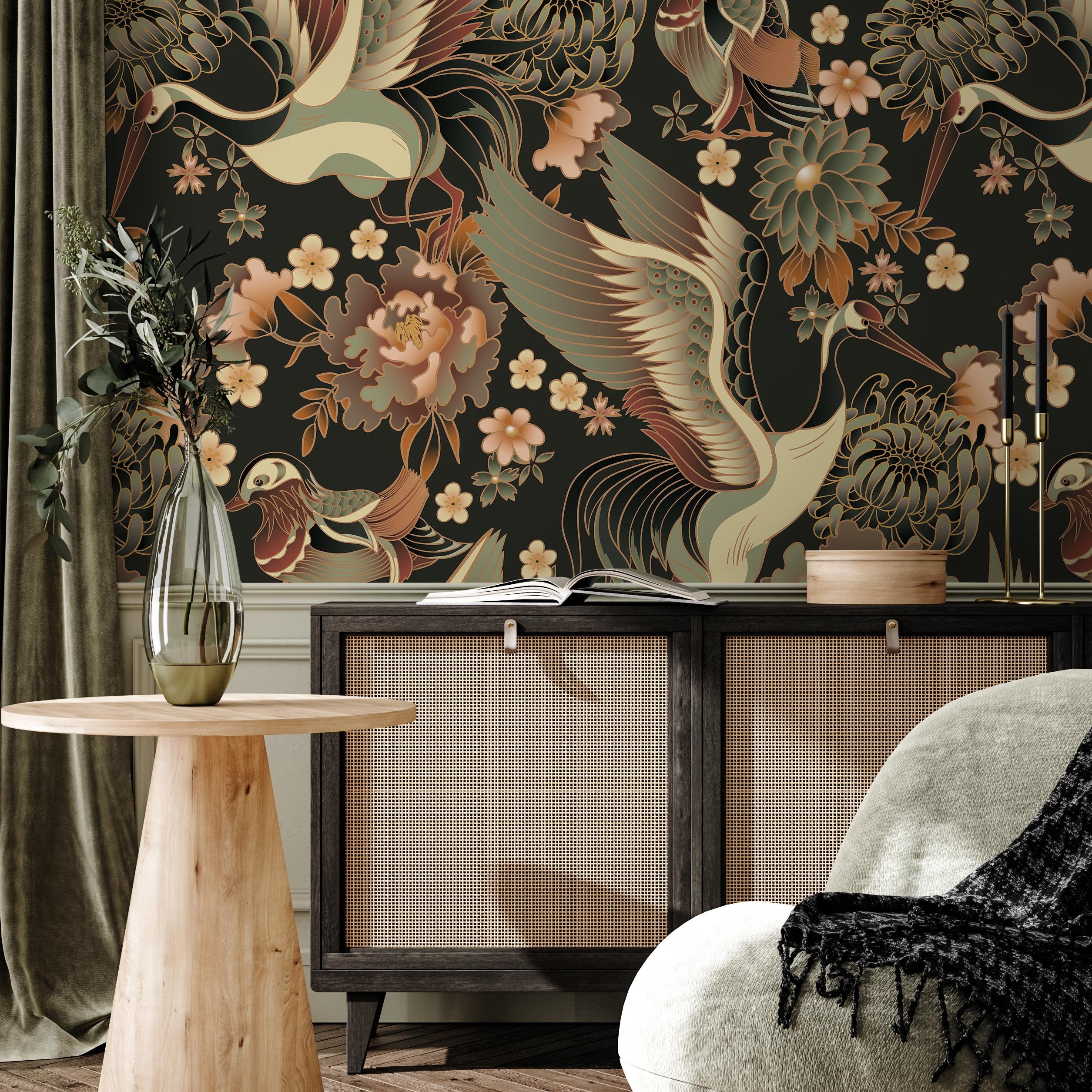 Taupe Chinoiserie Crane Birds Wallpaper / Peel and Stick Wallpaper Removable Wallpaper Home Decor Wall Art Wall Decor Room Decor - D246