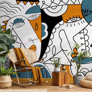 Abstract Faces Wallpaper Modern Mural Peel and Stick Wallpaper Home Decor - D565