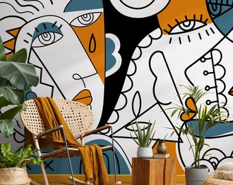 Abstract Faces Wallpaper Modern Mural Peel and Stick Wallpaper Home Decor - D565