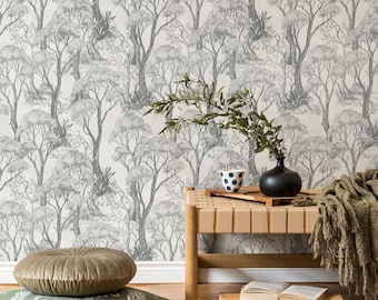 Botanical Wallpaper with a Hand-Drawn Forest Scene in Grey and Cream - E673
