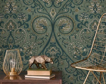 Damask Wallpaper with an Intricate Floral Motif in Green, Teal, and Beige - E524
