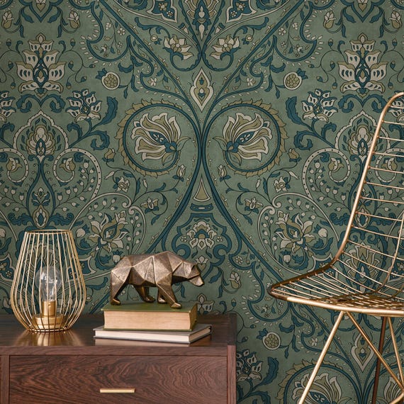 Damask Wallpaper with an Intricate Floral Motif in Green, Teal, and Beige - E524