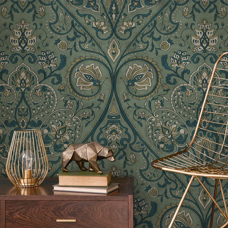 Damask Wallpaper with an Intricate Floral Motif in Green, Teal, and Beige - E524 image 1