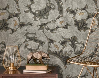 Damast Tapete mit Laufendes Blumen Motiv in Grau, Salbei und Gold - E720