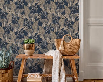Botanical Wallpaper with Engraved Tropical Leaves in Blue and Gold - E677