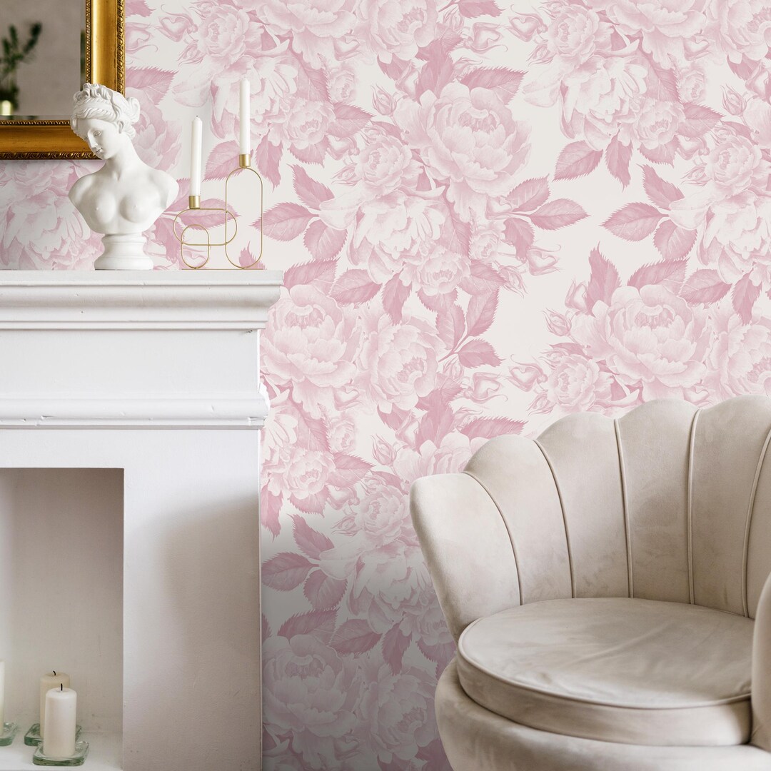 Floral Wallpaper Featuring Vintage Peonies and Roses in Pink - E377 - Etsy