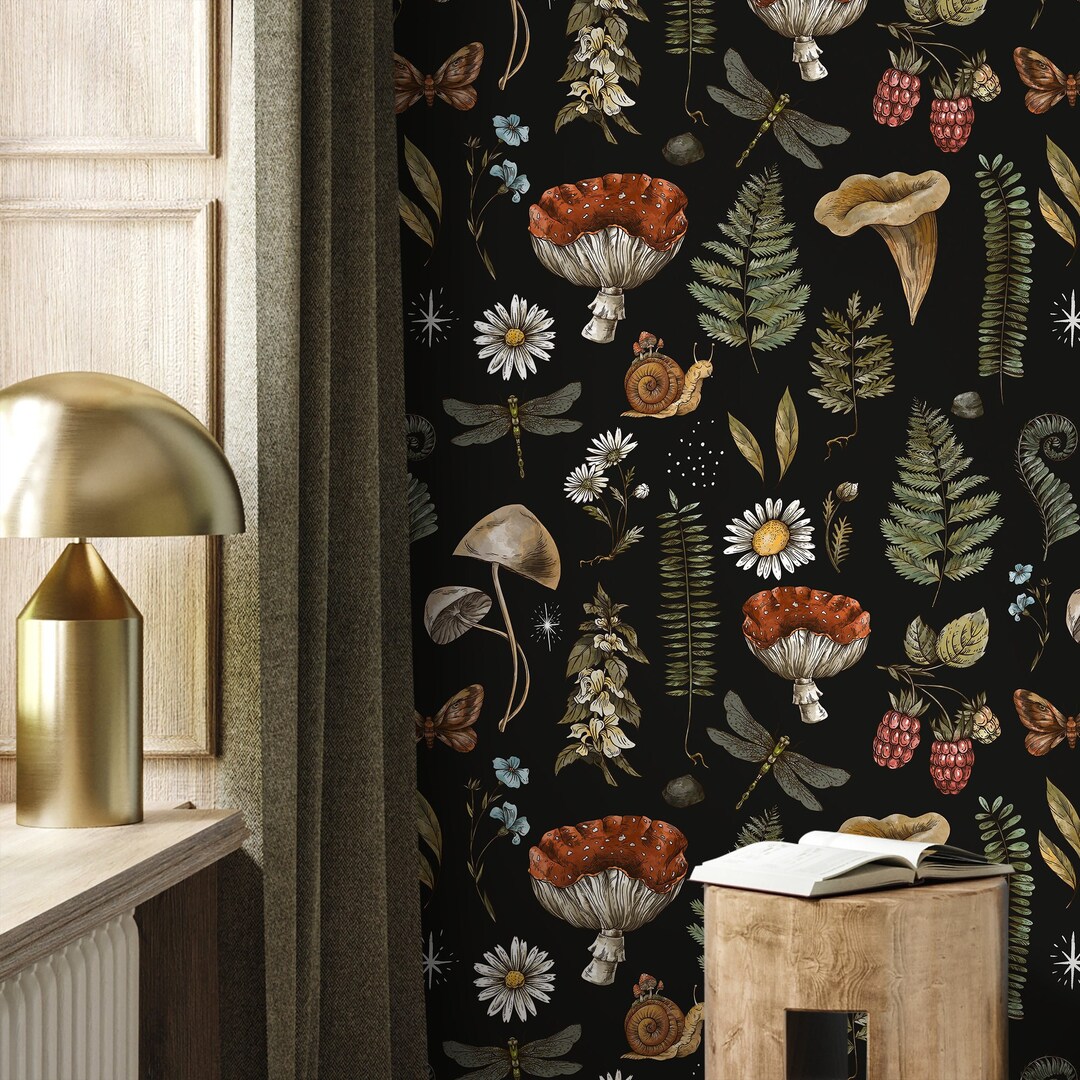 Dark Mushroom Wallpaper Dark Botanical Wallpaper Peel and Stick and ...