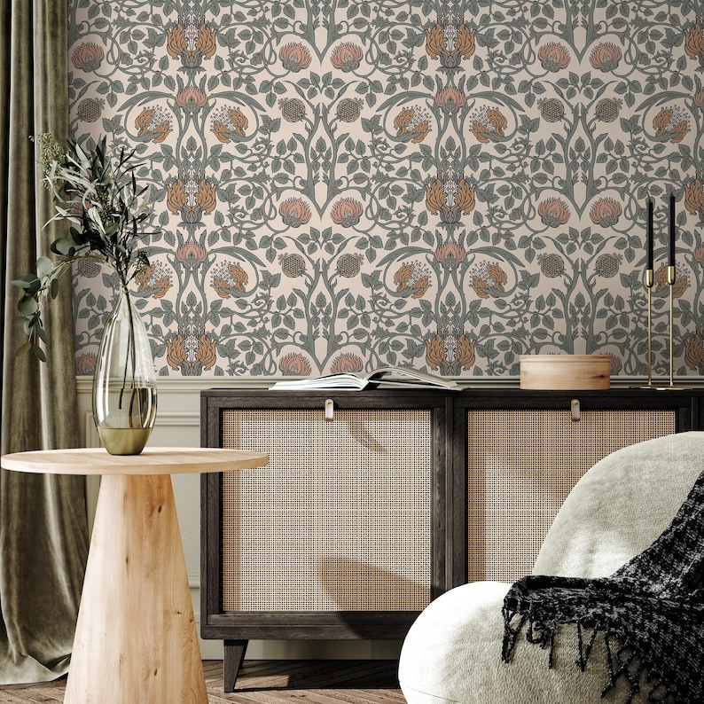 William Morris Damask Floral Wallpaper In Coral And Sage On Cream william-morris-damask-floral-wallpaper-in-coral-and-sage-on-cream