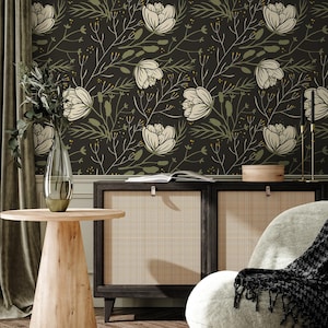 Dark Floral Scandinavian Wallpaper / Peel and Stick Wallpaper Removable Wallpaper Home Decor Wall Art Wall Decor Room Decor - D149