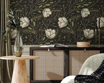 Dark Botanical Peony Wallpaper in Cream and Gold on Charcoal - Peel and Stick - D149