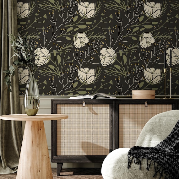Dark Botanical Peony Wallpaper in Cream and Gold on Charcoal - Peel and Stick - D149