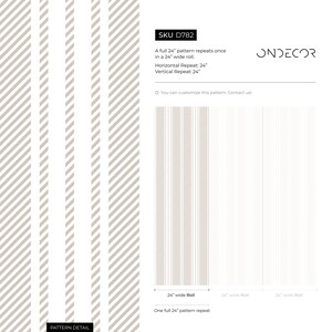 May include: A beige and white striped wallpaper pattern with a 24-inch repeat. The pattern is shown in a close-up view and a full roll view. The text "SKU D782" and "ONDECOR" are visible in the image.