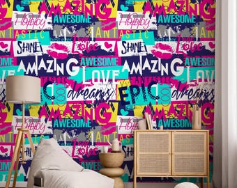 Pop Art Wallpaper featuring Bold Graffiti Text in Pink, Blue, and Yellow - A784
