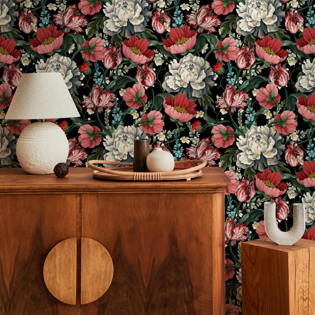 Vintage Botanical Peony Flower Wallpaper / Peel and Stick Wallpaper ...