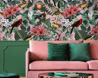 Botanical Wallpaper with Exotic Birds and Flowers in Pink, Green, and Red - E100 C
