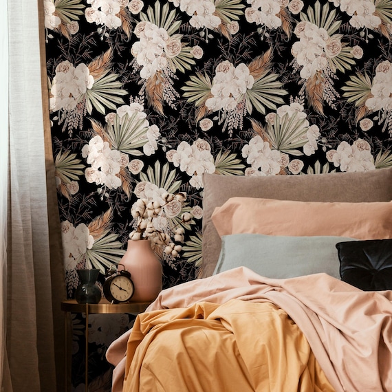 Removable Peel & Stick Wallpaper - Boho Floral Design, 17.5 X 393.7 Inches, Blackish Green