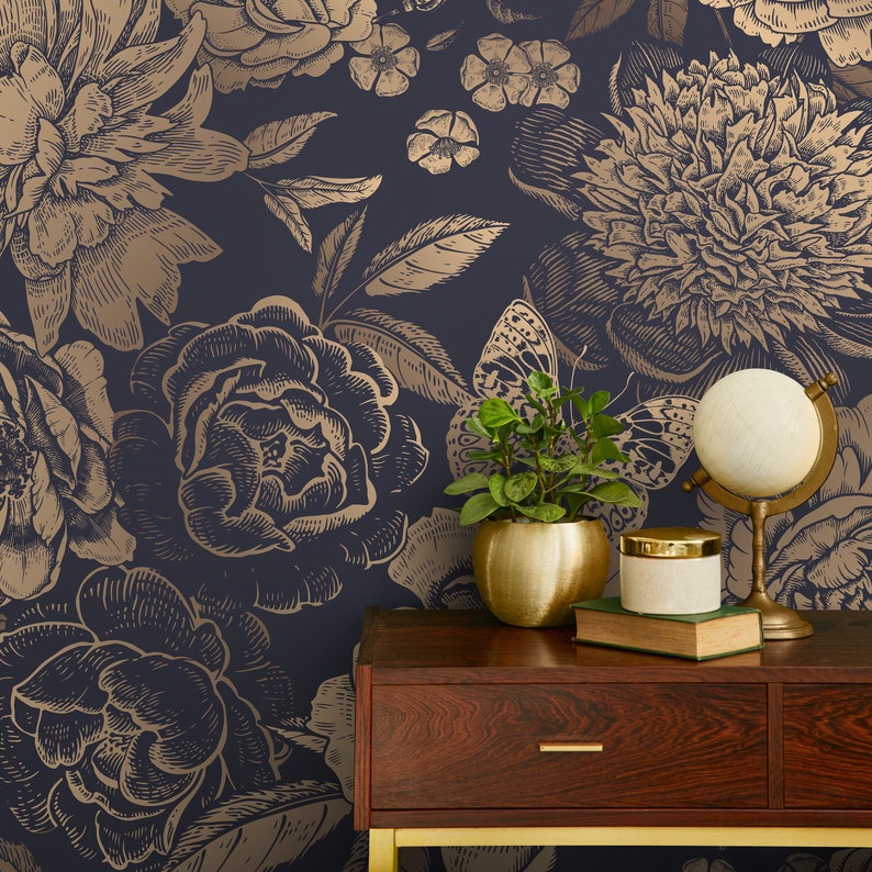 Removable Wallpaper Peel and Stick Wallpaper Wall Paper Wall Mural Vintage Flower Non-Metalic Gold Color A922 image 2