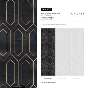 May include: A black and gold geometric wallpaper pattern with a repeating hexagonal design. The pattern repeats once in a 24-inch wide roll. SKU A539. ONDECOR.