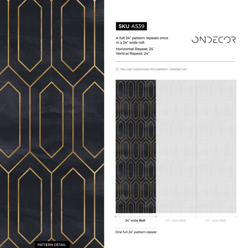 May include: A black and gold geometric wallpaper pattern with a repeating hexagonal design. The pattern repeats once in a 24-inch wide roll. SKU A539. ONDECOR.
