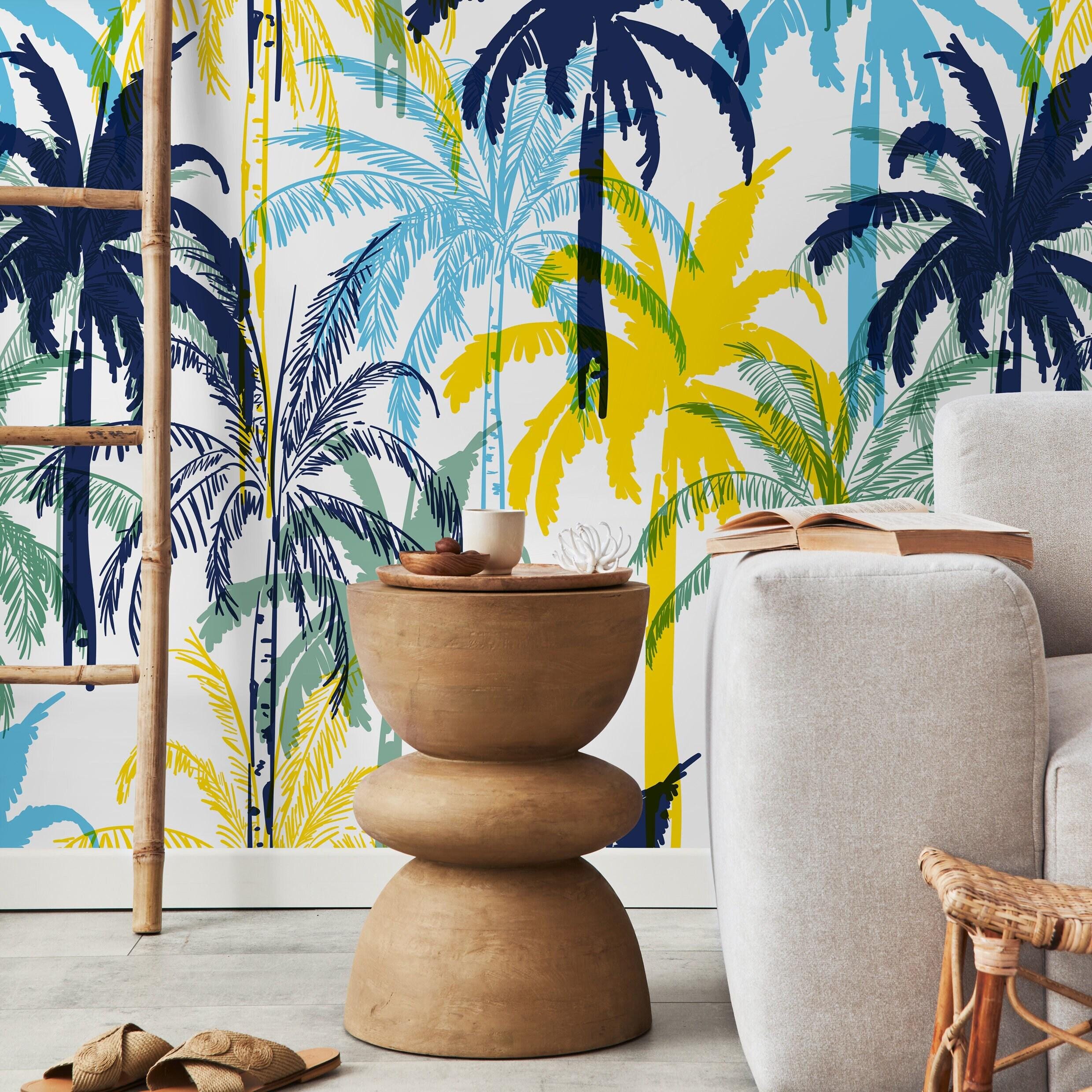 Palm Trees Teal White Wallpaper - B012