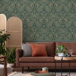 Damask Wallpaper with an Intricate Floral Motif in Green, Teal, and Beige - E524 image 5