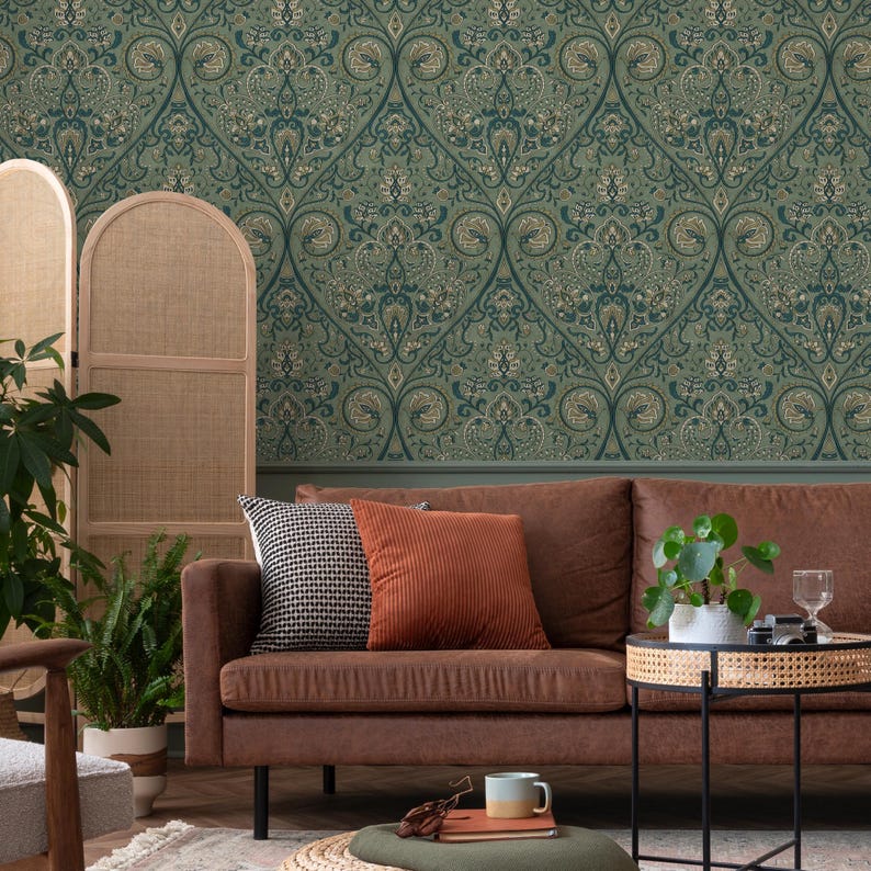 Damask Wallpaper with an Intricate Floral Motif in Green, Teal, and Beige - E524 image 5