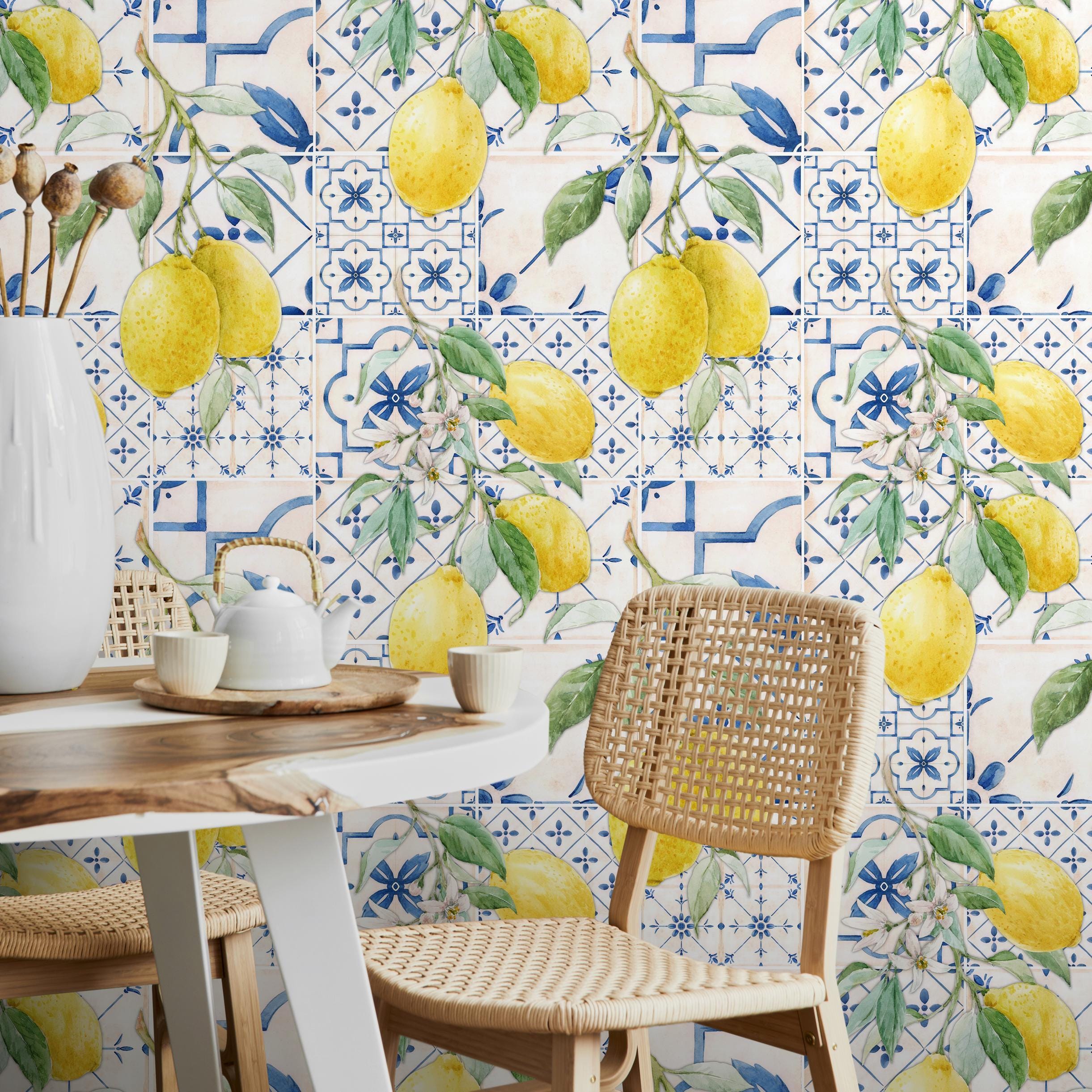 Tile Wallpaper in Blue, Yellow, and Green on White - Peel and