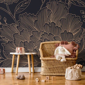 Black and Gold Large Floral Wallpaper / Peel and Stick Wallpaper