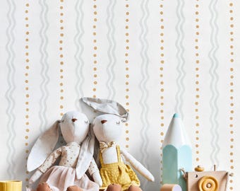 Minimalist Wallpaper with Wavy Stripes and Dots in Gold and Grey - E757
