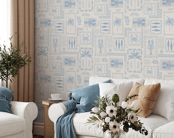 Coastal Wallpaper Featuring Marine Life Vignettes in Blue - E744
