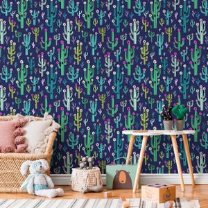 Carta da parati Boho Cactus blu navy e verde acqua - A958