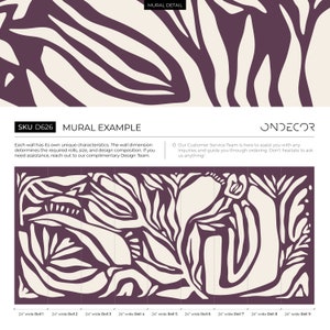 May include: A mural example with a white abstract design on a dark purple background. The mural is divided into nine 24-inch wide rolls. The text "SKU D626 MURAL EXAMPLE" is at the top of the image. The text "ONDECOR" is at the top right of the image.