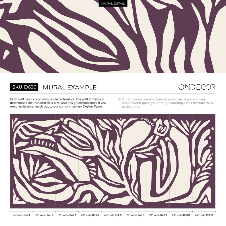 May include: A mural example with a white abstract design on a dark purple background. The mural is divided into nine 24-inch wide rolls. The text "SKU D626 MURAL EXAMPLE" is at the top of the image. The text "ONDECOR" is at the top right of the image.