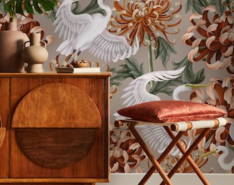 Chinoiserie Orange Flower and Crane Birds / Peel and Stick Wallpaper Removable Wallpaper Home Decor Wall Art Wall Decor Room Decor - D265