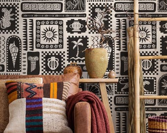 Bohemian Wallpaper Peel and Stick - Ancient Greek Tribal Print in Black and Cream - E669