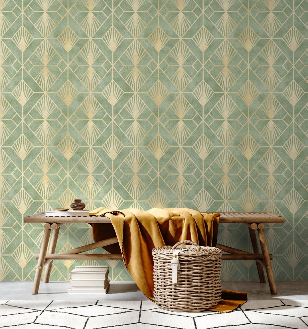 Green and Gold Art Deco Wallpaper / Peel and Stick Wallpaper Removable