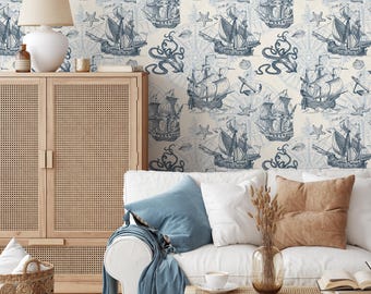 Removable wallpaper with coastal ocean animals and boats, navy blue nautical wallpaper with underwater fish, marine boat sticker - E042
