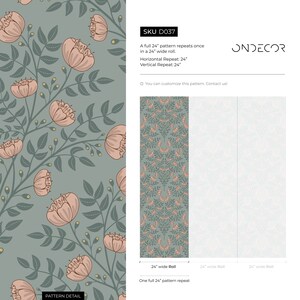 May include: A repeating pattern of pink flowers and green leaves on a light blue background. The pattern is 24 inches wide and repeats once in a 24-inch roll. The pattern is called "SKU D037" and is available from ONDECOR.