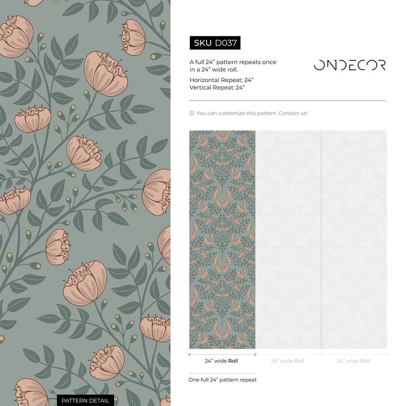 May include: A repeating pattern of pink flowers and green leaves on a light blue background. The pattern is 24 inches wide and repeats once in a 24-inch roll. The pattern is called "SKU D037" and is available from ONDECOR.