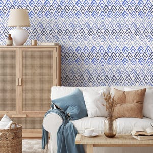 Geometric Wallpaper with a Scandinavian Chevron Motif in Blue and Navy Blue - B359