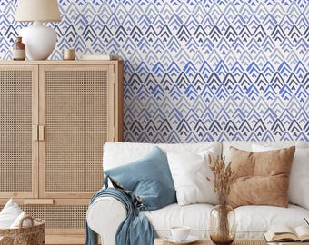 Geometric Wallpaper with a Scandinavian Chevron Motif in Blue and Navy Blue - B359