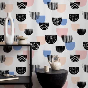 Abstract Wallpaper with Semi-Circle Shapes in Beige, Blue, and Black - B365