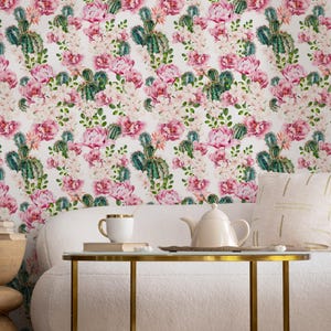 Carta da parati moderna rosa e verde con cactus e peonie - B020