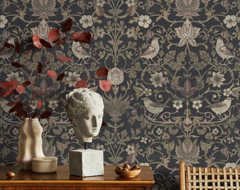 Vintage Wallpaper with a Symmetrical Bird and Floral Motif in Charcoal, Sage, and Taupe - E697