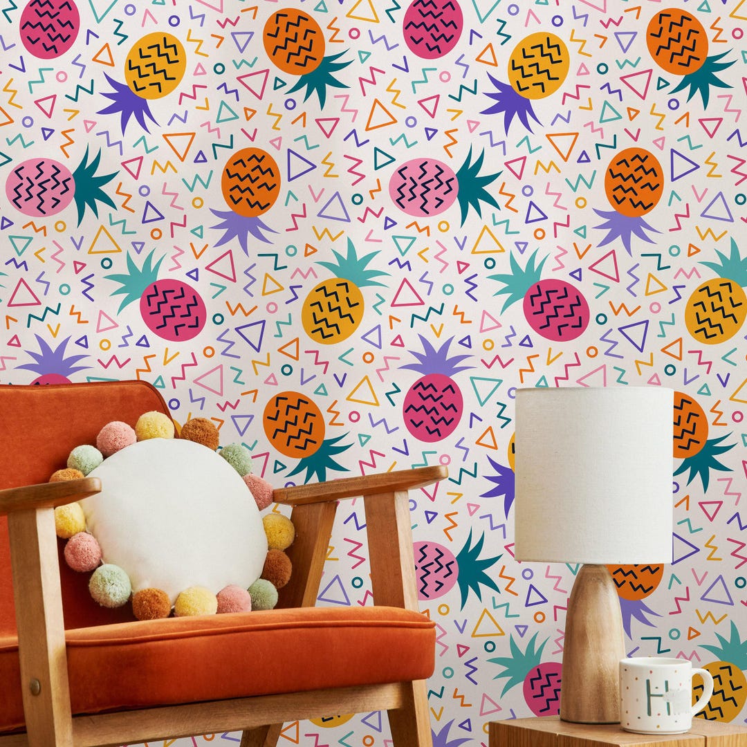 Retro Wallpaper With a Funky Pineapple and Geometric Pattern in Orange ...