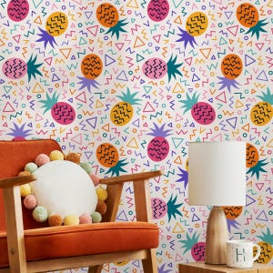 Retro Wallpaper with a Funky Pineapple and Geometric Pattern in Orange, Teal, and Pink - B268