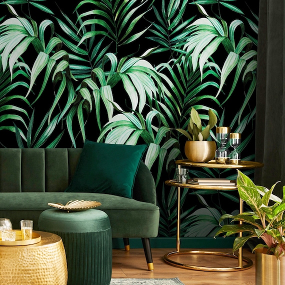 Art Deco Wallpaper With Tropical Palm Leaves in Black and Green