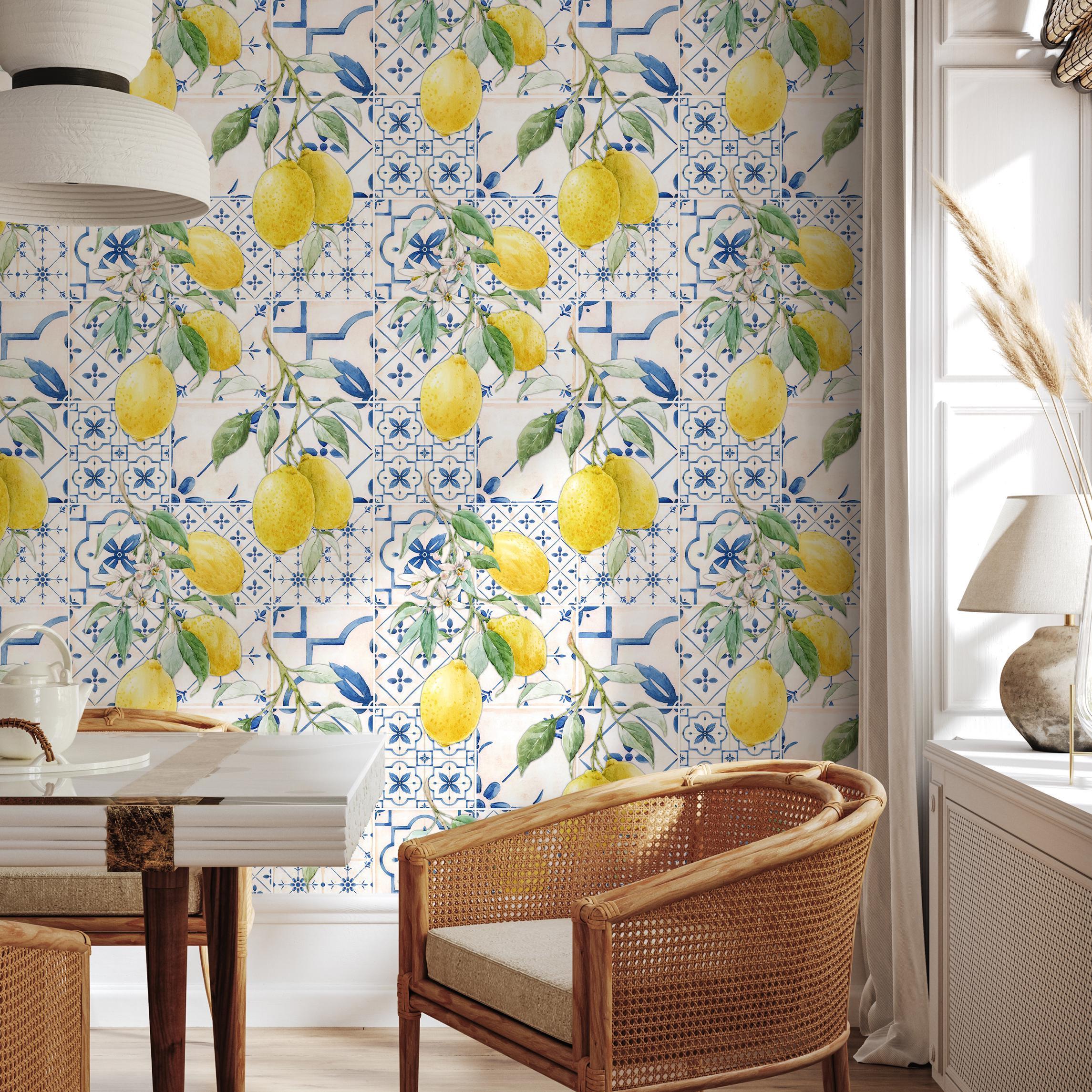 Tile Wallpaper in Blue, Yellow, and Green on White - Peel and