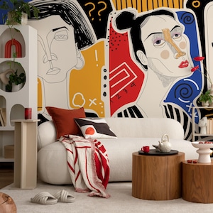 Colorful Abstract Mural Modern Wallpaper Woman Faces Hand Drawing Wallpaper Peel and Stick Wallpaper Home Decor - D579
