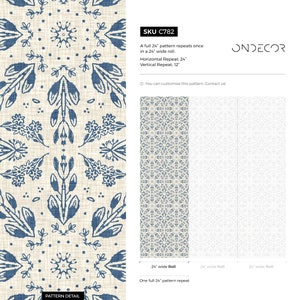 May include: A blue and white floral pattern wallpaper with a repeating design. The pattern is 24 inches wide and repeats once in a 24 inch roll. The wallpaper has a horizontal repeat of 24 inches and a vertical repeat of 12 inches. The wallpaper is available in a 24 inch wide roll. The wallpaper is from ONDECOR.